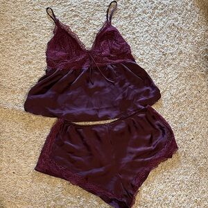 Victoria Secret Silky Lace Trim Burgundy Sleep Cami & Shorts Set